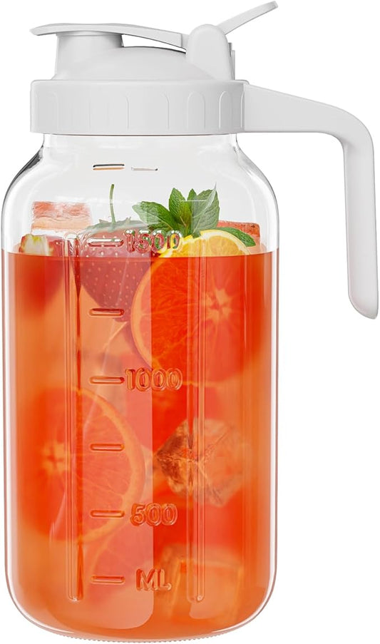 Glass Mason Jar Pitcher, 64 oz Wide Mouth Jug with Pour Spout Handle Lid for Cold Brew Coffee, Ice Beverage, Iced Juice, Lemonade, Sun Tea, Fruit Drinks Container(White)