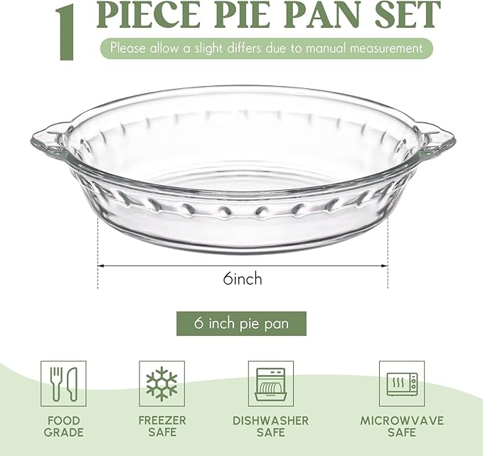 Uiifan 1 Pack 6 Inches Mini Glass Pie Pan for Baking 11.6 oz Clear Pie Plate with Handles Round Glass Dish for Baking and Serving, Snacks, Salads, Desserts