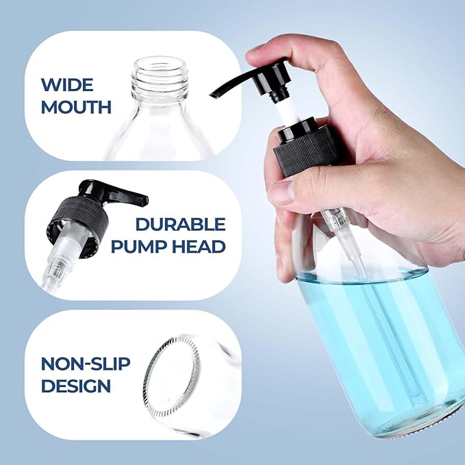 8 oz Clear Glass Pump Bottle, 250ml Small Lotion Dispenser Bottle for Body Massage Oil, Refillable Empty Hand and Dish Soap Dispensers Set with Storage Caps, Labels - 2 Pack