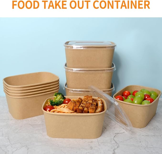 Celel 50 Pack 35 oz Paper Food Containers with Lids, Paper Meal Prep Containers Microwavable and Freezer Use Cardboard Food Concertinas - 50 Bowls 50 Lids