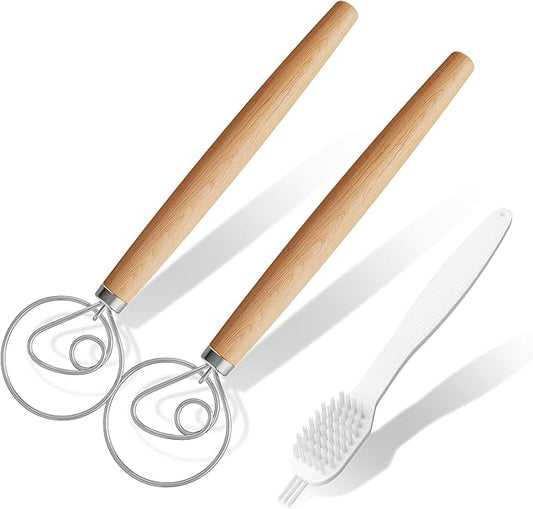 2-Pack Danish Dough Whisk, 13-Inch Dutch Whisk with Stainless Steel Ring, Dutch Bread Whisks for Sourdough, Pizza, Pastry, and Cookies, Essential Kitchen Cooking Safe Mixing Tool