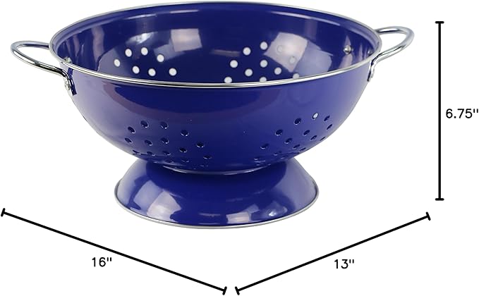 Reston Lloyd Calypso Basics Extra Large Enameled Colander with Solid Base, Strainer Basket with Handles, for Pasta, Berries, Vegetables, Fruit, Indigo, 7 Quart (224oz/ 6.6 L)