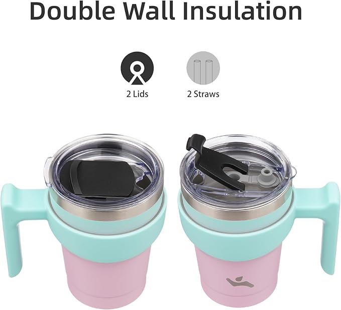10 oz Tumbler with Handle and 2 Straw 2 Lid, Insulated Water Bottle Stainless Steel Vacuum Cup Reusable Travel Mug,Gum