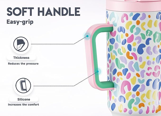 Meoky 40 oz Tumbler with Handle and Flip Straw, 100% Leakproof Tumbler with Lid and Straw, Stainless Steel Insulated Cup, Cupholder Friendly, Keeps Cold for 34 Hours (Leopard)