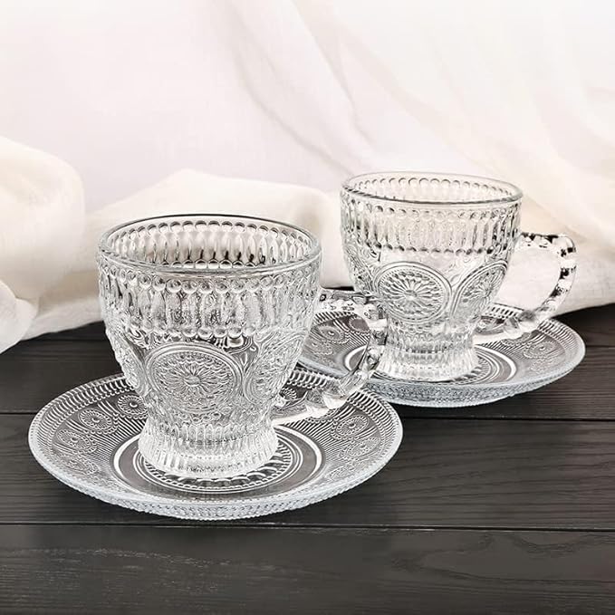 Vintage Glass Tea Cups with Saucers, Glass Mugs 7 Oz Set of 6 Espresso Coffee Embossed Glassware with Handle, for Cappuccino, Latte, Cereal, Yogurt, Beverage Hot/Cold, Milk…