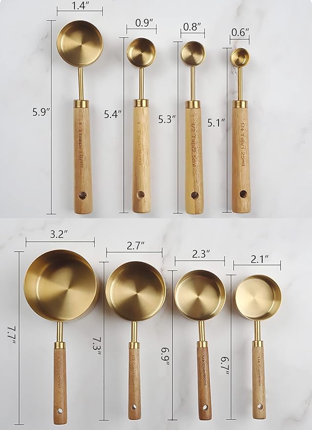 Measuring Cups and Spoons Set of 8, Stainless Steel Gold Measuring Cups Kit with Wooden Handle, Kitchen Cooking Baking Spoons Tool Set for Solid and Liquid Iingredients