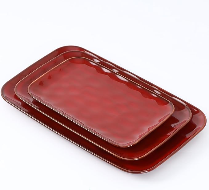 vicrays Ceramic Rectangle Serving Platters - 14" 12" 10" Porcelain Serving Trays Plates for Party BBQ Appetizers Sushi Dessert - Microwave Oven and Dishwasher Safe - Set of 3 -Cherry Red