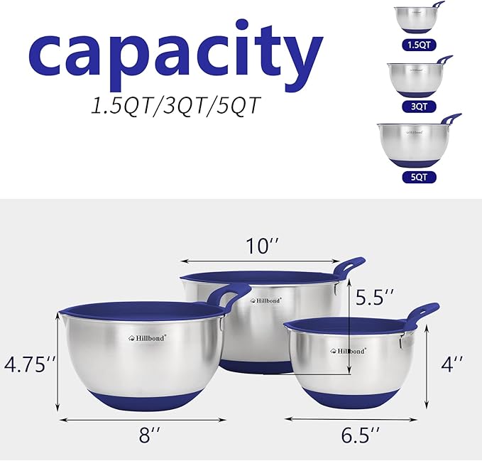 Hillbond Mixing Bowls with BPA Free Airtight Lids Stainless Steel Nesting Bowls with Pour Spout, Silicone Handle Non-Slip Bottoms for Baking, Dishwasher Safe Metal Bowls, 1.5, 3, 5 QT (Blue)