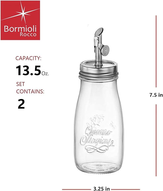 Bormioli Rocco 13.5 oz Quattro Stagioni Oil Dispenser, Set of 2 – Lead-Free Glass Bottles with Weighted Pour Spout for Oil, Vinegar, Syrup & Cocktail Mixers, Durable Kitchen & Bar Containers