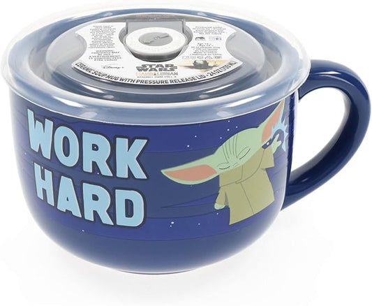Silver Buffalo Star Wars The Mandalorian Work Hard Nap Harder Baby Yoda Grogu Ceramic Soup Mug With Vented Plastic Lid, 24 Ounces