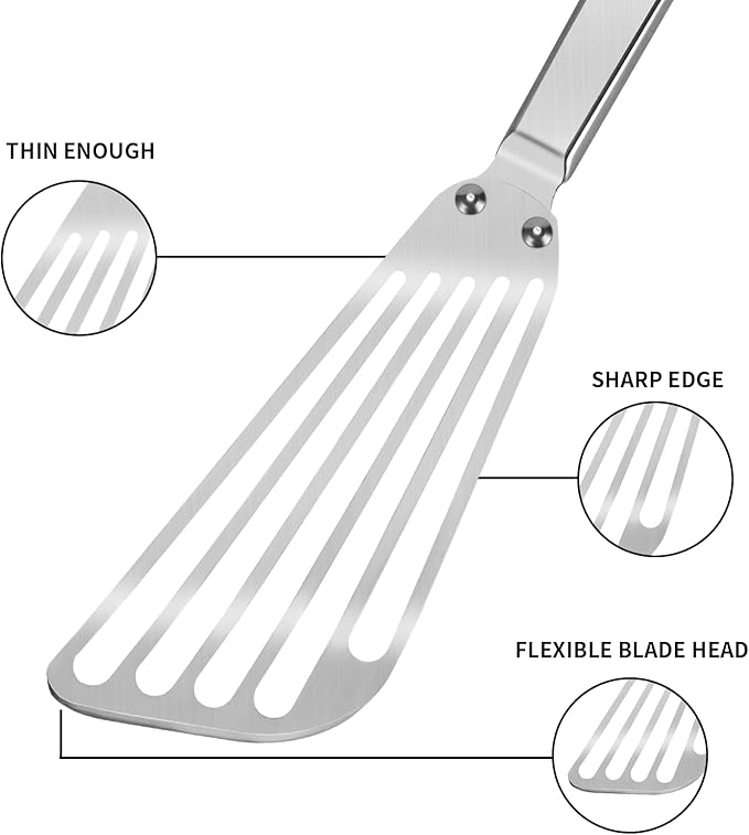 KSENDALO Stainless Steel Fish Spatula - Metal Thin Slotted Turner for Kitchen Cooking, Flexible Egg Flipper with Blade with Riveted Handle for Cooking, Hollow Grip Design (1 Pack)
