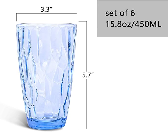 CREATIVELAND Highball Glass Tumbler Light Blue Set of 6, for Water,Cocktail,Juice,Beer,Iced Coffee,Clear Blue Glassware for Bar Kitchen,Thick & Heavy Glass Drinking Glasses with Heavy Base 16oz/450ML