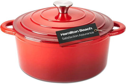 Hamilton Beach Enameled Cast Iron Dutch Oven 5.5-Quart Red, Cream Enamel Dutch Oven Pot with Lid