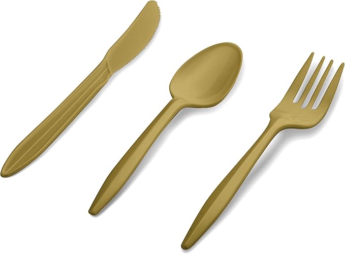 1000 Count Gold Silverware Set, 334 Forks, 333 Spoons, 333 Knives, Medium Weight BPA Free Disposable Plastic Cutlery Set, Bulk Combo Pack Flatware Set for Party Supplies