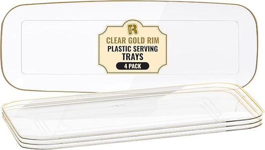 R-kay 4 Pack Plastic Serving Trays For Party - Gold Serving Tray 17 by 6.5 Inch - Heavy Duty Clear Trays For Food - Long Party Serving Trays For Entertaining - Clear Platters