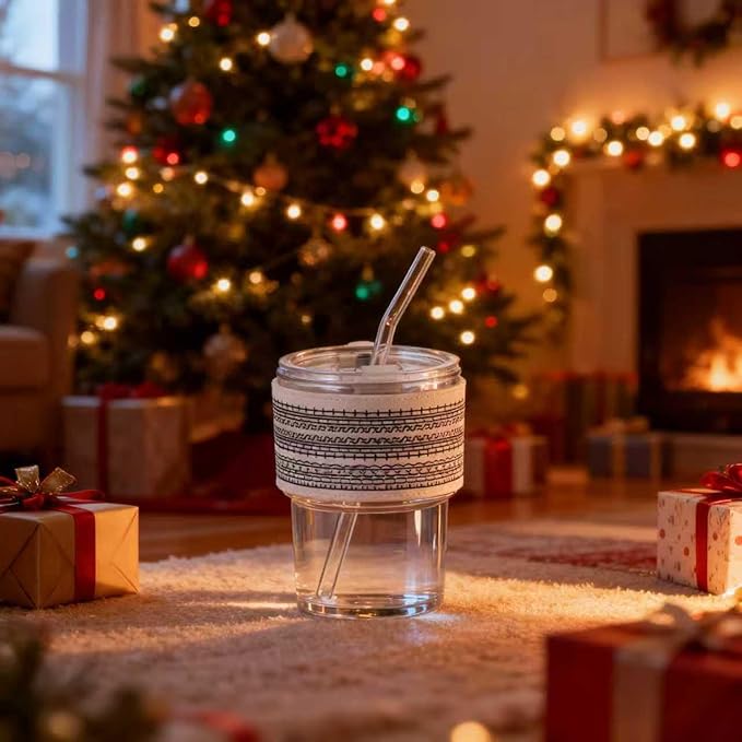 13oz/400ml Glass Water Tumbler with Straw and Lid Sealed Carry on Thick Wall Iced Coffee Cup for Water, Iced Tea, Fruit Juice