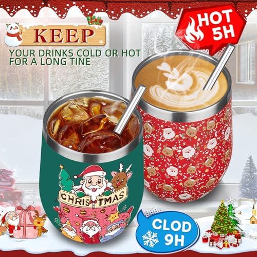 Christmas Wine Tumbler 12 oz Stainless Steel Wine Tumble Insulated Wine Tumbler with Lid Christmas Wine Glass Gifts with Straw and Brushes for Women Men Xmas Wedding Party (Red)
