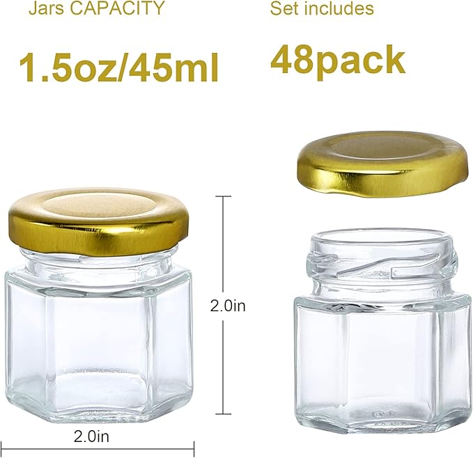 48 Pack 1.5oz Hexagon Glass Jars with Gold Lids, Mini Honey Jars, Small Spice Jars, Jam Jars for Gifts and Wedding Favors