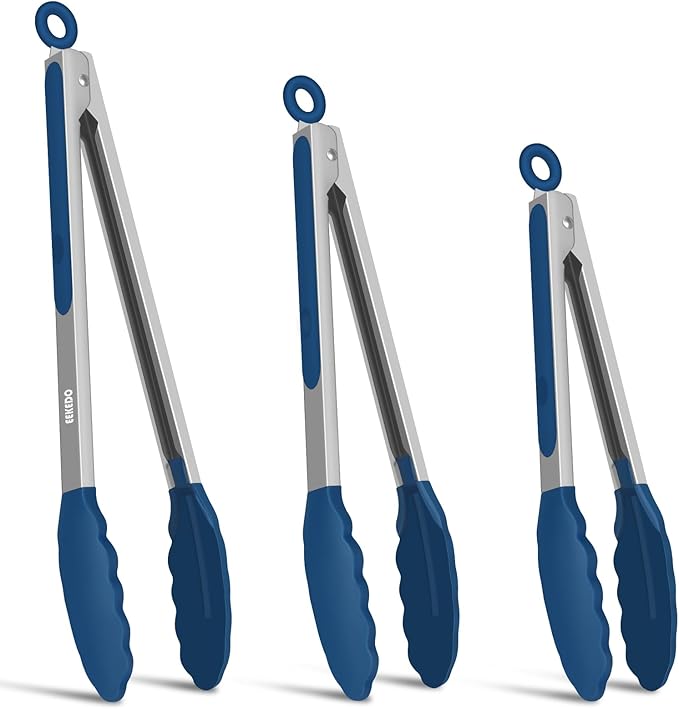 Kitchen Tongs, Stainless Steel Cooking Tongs with Silicone Tips, 600ºF High Heat-Resistant Non Scratch Locking Tongs for Cooking BBQ Grilling Air Fryer Pans, Set of 2 (7" 9" and 12") Navy Blue