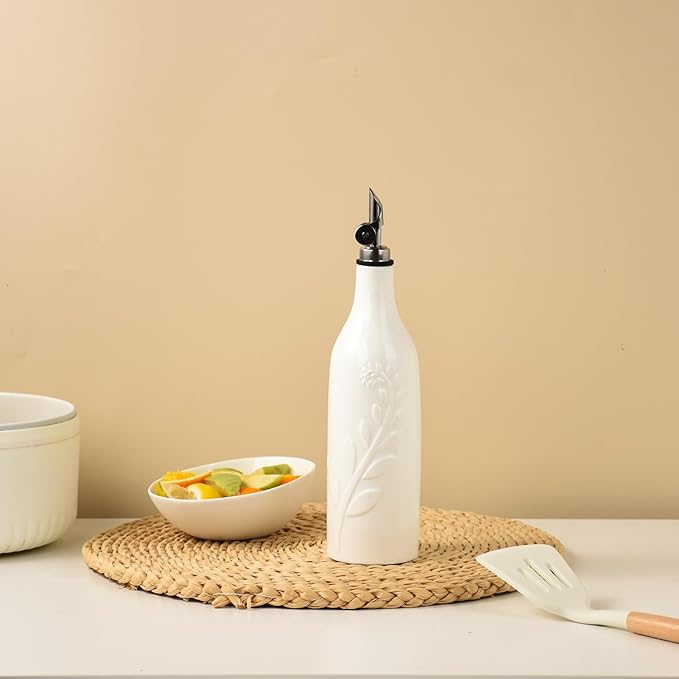 22 Oz Olive Oil Dispenser Bottle with Spout, Ceramic Large Oil Dispenser for Kitchen, Relief Oil Cruet Vinegar Container with Automatic Stainless Steel Pourer Suitable for Oil, Vinegar, Soy Sauce