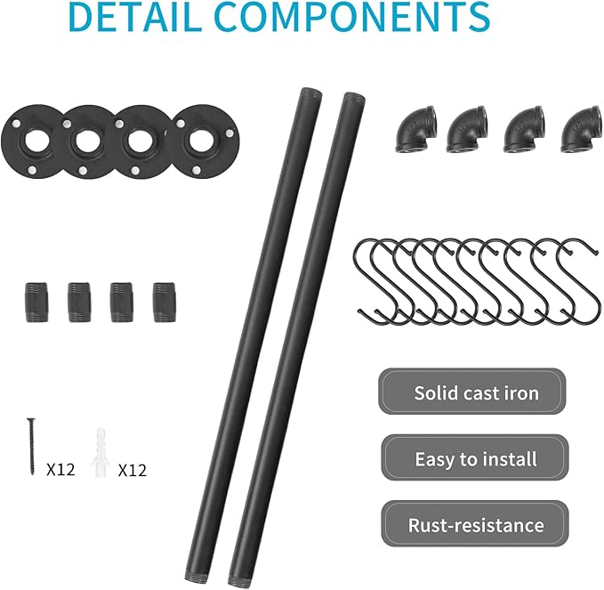 Wall Mounted Pan Pot Rack 21'' Set of 2, Industrial Iron Pipe Utensils Lid Organizer Wall Hanger Bar Kitchen Hanging Rail with 10 S Hooks