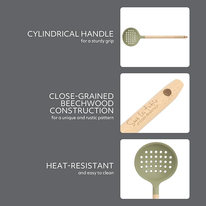 Sur La Table Kitchen Essential Chef's Toolkit Sillicone Skimmer With Beechwood Handle - Juniper Green