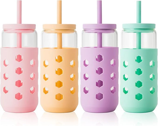 20 oz Glass Cups With Lids and Straws, 4-Pack Iced Coffee Cup - Smoothie Cup With Silicone Lid and Sleeve for Coffee Bar Accessory, Cute Drinking Glasses Set Reusable Glass Tumbler for Gifts