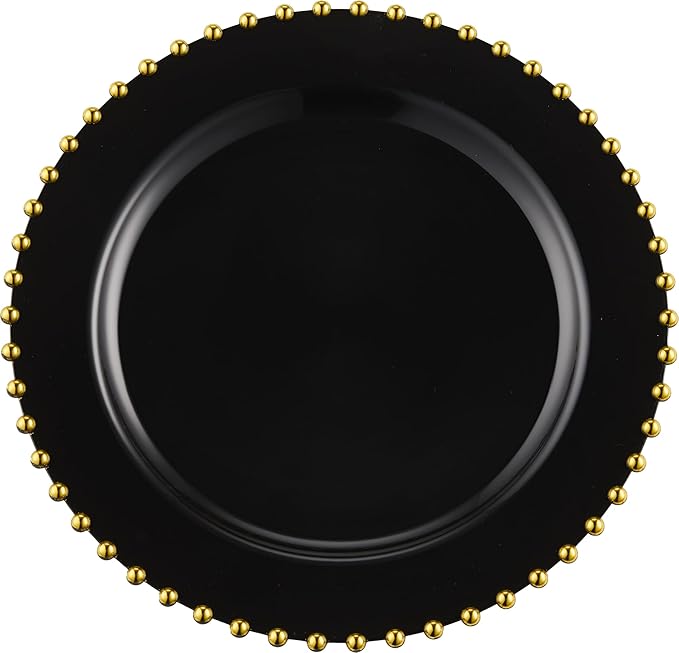 PLASTICPRO 64 Piece Combo Plastic Dinner Plates Disposable Plastic Fancy Heavy Duty Party Dishes 7 inch and 10 inch, Black and Gold Beaded