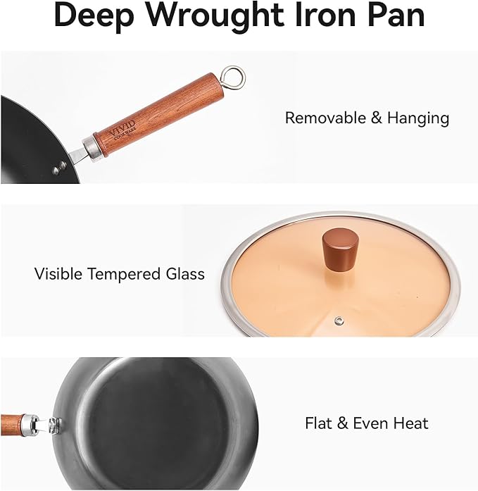 Carbon Steel Wok Flat Bottom Wok Pan 10.2 Inch with Glass Lid, Spun Iron Stir Fry Wok, Coating-Free Iron Wok Skillet Naturally Seasoning, 6.2" Base for Stable Cooking