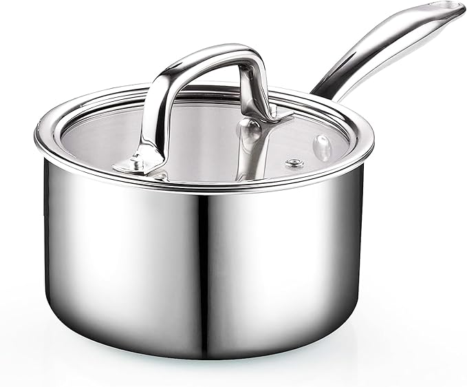 Cook N Home Stainless Steel Sauce Pan with Lid, 3 Quart 3-Ply Full Clad Small Kitchen Pot, Dishwasher & Oven Safe, Compatible w/ All Cooktops