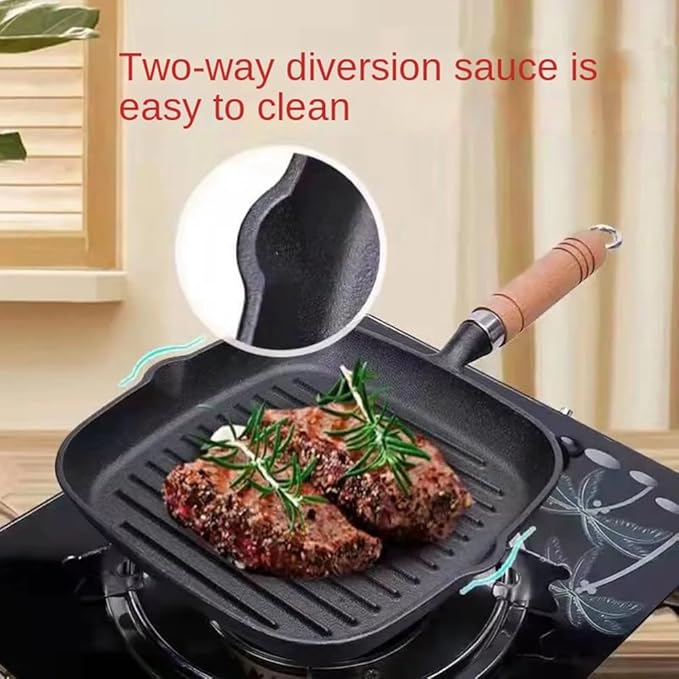 9 Inch Nonstick Grill Pan for Stove Tops, Versatile Uncoated Non-stick Surface Pan, Cast Iron Steak Pot, Indoor & Outdoor Grilling, Free Clips and Oil Brushes