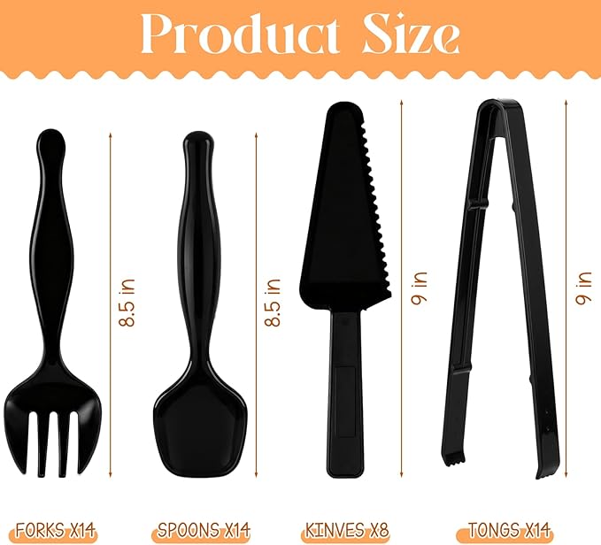 50 Pcs Disposable Plastic Serving Utensils Set Include 8.5'' Serving Spoons Forks 9'' Tongs and Knives for Birthday Party Buffet Dinner Food Salad Utensils Christmas (Black)