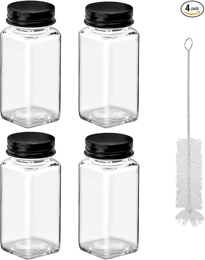 4Pcs 4oz Glass Spice Jars with Shaker Lids, Spice Jars Trial Set & Supplement Set, Empty Spice Containers and Square Spice Bottles for Kitchen (black iron Lids)
