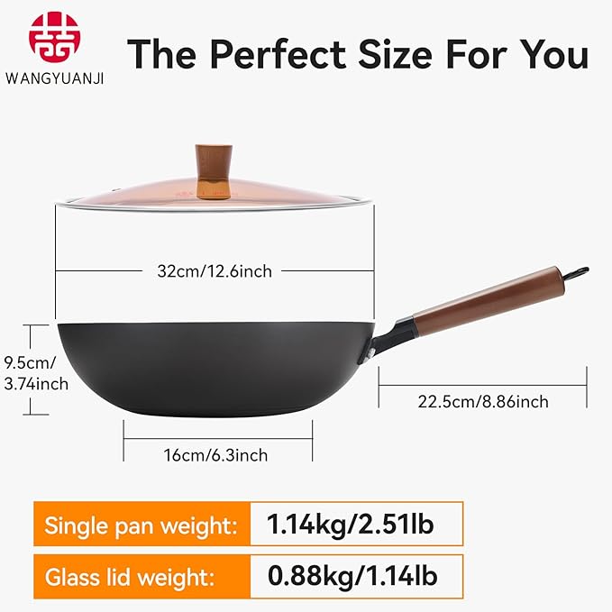 WANGYUANJI 12.6" Carbon Steel Wok Pan with Lid, Lightweight Stir Fry Pan with Flat Bottom, Induction Compatible Chinese Cookware for Electric, Gas & Glass Top Stoves, No Coating, 2.5lb