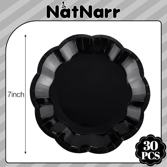 30 Pcs Black Paper Plates, 7 Inch Scalloped Black Plates Cake Dessert Plate Disposable for Party, Birthday, Wedding, Daily Meals, Picnic, Camping