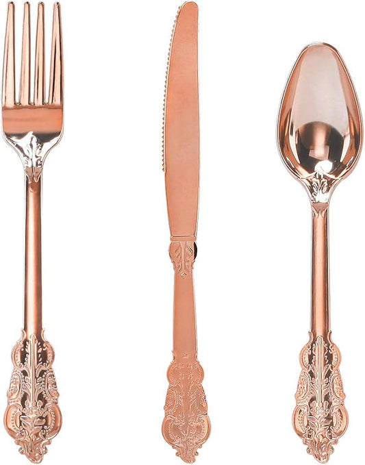 WDF-300 Pieces Rose Gold Plastic Silverware- Disposable Flatware -Heavyweight Plastic Cutlery- Includes 100 Forks, 100 Spoons, 100 Knives for Wedding& Parties