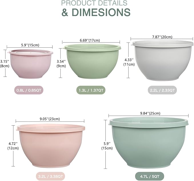 Plastic Mixing Bowls with Lids Set for Kitchen, Nesting Bowls for Mixing, Baking, Prepping, Cooking and Serving Food, Mixing Bowls Dishwasher, Microwave Safe(Pink)