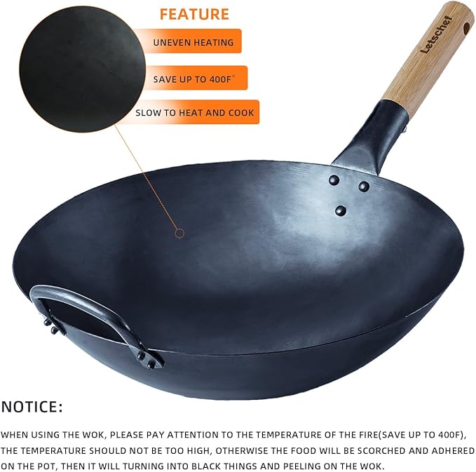 14 inch Carbon Steel Wok with Round Bottom-Free Chemical cookware for Gas Stoves, Open Fire-Hand Hammered Chinese Traditional Wok with Bamboo Handle(No lid included)