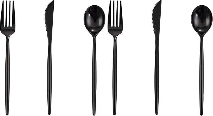 Supernal 180pcs Black Plastic Silverware Heavy Duty Black Party Cutlery Disposable Plastic Forks and Spoons Disposable Utensils Flatware Include 60 Forks,60 Knvies,60 Spoons (Pack of 2)