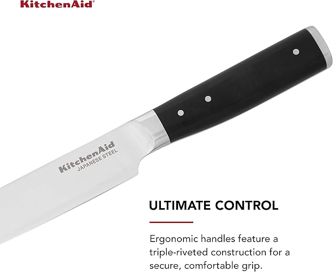 KitchenAid Gourmet Forged Triple Rivet Slicing Knife with Custom-Fit Blade Cover, 8-inch, Sharp Kitchen Knife, High-Carbon Japanese Stainless Steel Blade, Black