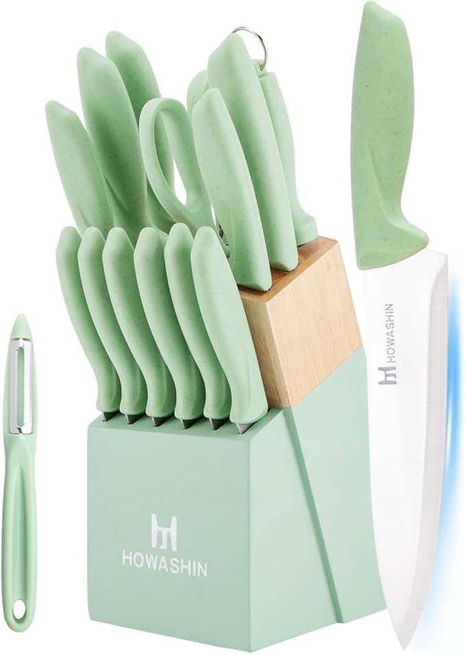 Knife Set, Howashin 15 Pieces Kitchen Knife Set with Built in Knife Sharpener, High Carbon German Stainless Steel Knife Block Set, Hand wash Safe Knives Set, Green