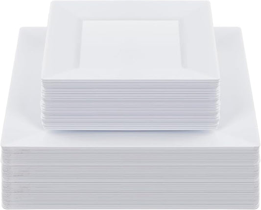 Goodluck 60 Pack Disposable Square Plastic Plates - Heavy Duty Dinner (9.5") & Dessert (6.5") Plates - Fancy for Wedding, Holiday, Birthday - White