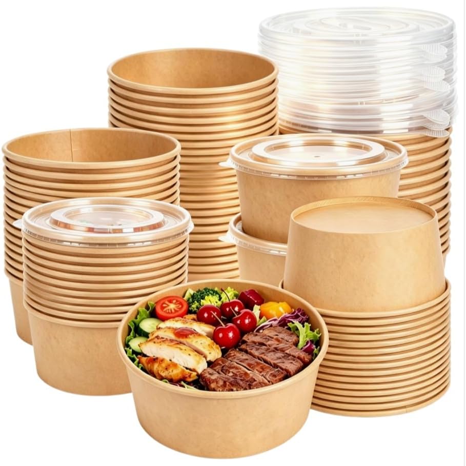 Lyellfe 50 Pack Kraft Paper Bowls with Lid, Microwave Freezer Safe