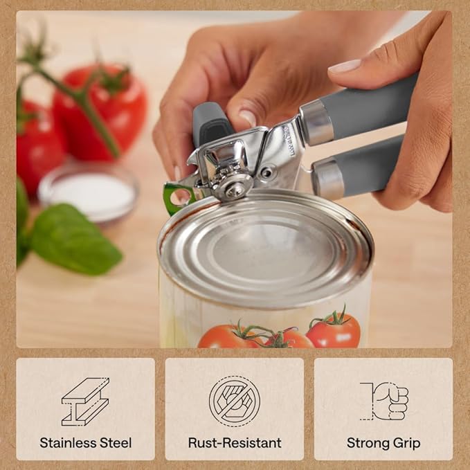 GORILLA GRIP Heavy Duty Stainless Steel Smooth Edge Manual Can Opener and Bottle Openers, Soft Comfortable Handle, Oversized Handheld Turn Knob, US Designed Multifunctional Kitchen Tool, Gray