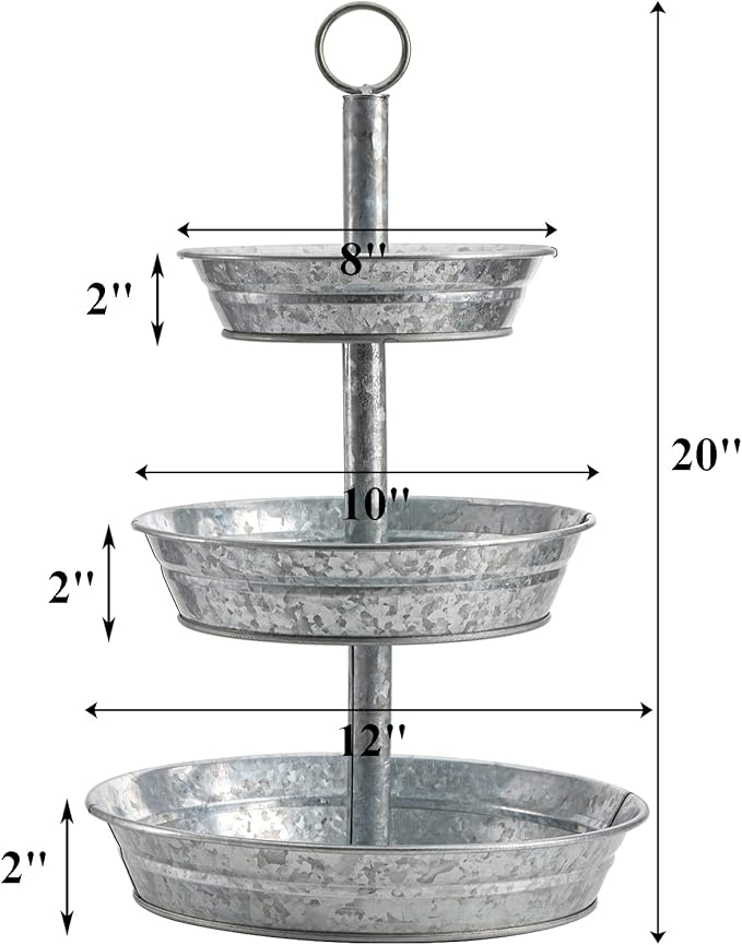 Okllen 3 Tier Serving Tray, Galvanized Metal Cupcake Stand Vintage Dessert Appetizer Stand, Rustic Home and Garden Display Stand for Country Farmhouse, Kitchen, Indoor, Outdoor Use