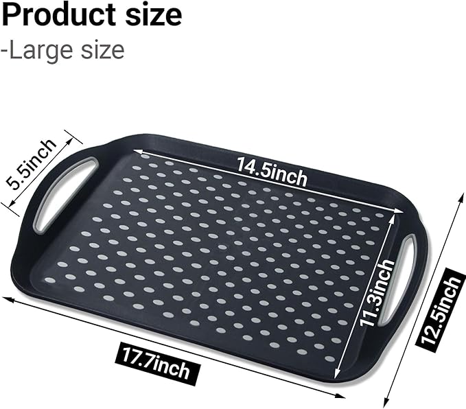 1PCS Large Non-Slip Serving Tray with Handles TV Lap Trays for Eating on Couch Food Serving Tray with Silicone Grippy Dots for Dinner Snack Fruit Dessert Breakfast (Black - 1pcs)