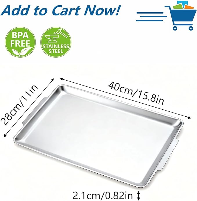 16.3" x 11" Large Serving Platters Set of 2, Stainless Steel Heavy-Duty Large Serving Trays, Silver Rectangular Plates for Food, Fruit, Party, Wedding, Christmas, Chip and Scratch Resistant