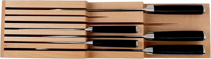 Shun Drawer Knife Tray, 7 Slot Wooden Knife Holder, Genuine Beechwood, Kitchen Storage for Professional and Home Chefs