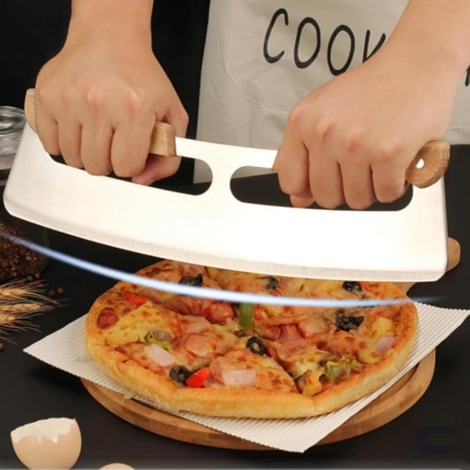 stainless steel pizza cutter with cover Non-Stick Pizza Cutter pizza cutter rocker 14 inch (Double wooden handle)