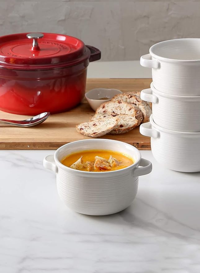 LE TAUCI Soup Bowls with Handles - 28 oz Lead-Free Ceramic French Onion Crocks, Oven and Microwave Safe, Heat-Resistant Design, Stackable, Dishwasher Safe, Set of 4, White